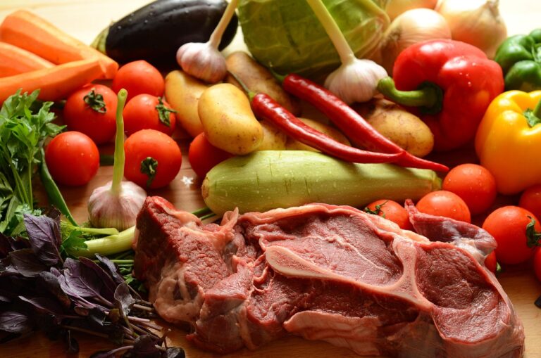 vegetables, meat, ingredients, food, food preparation, produce, harvest, organic, fresh, fresh vegetables, fresh produce, raw meat, raw vegetables, raw